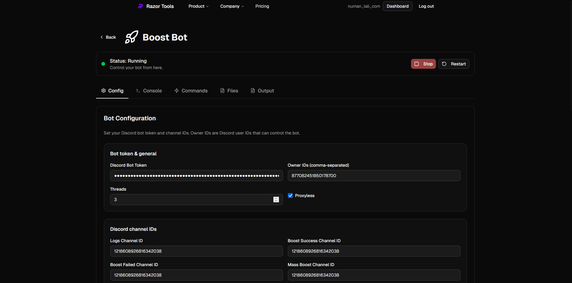 Boost Bot dashboard – config, status, and controls